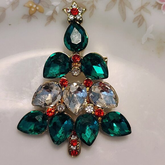 Vtg MCM Unsigned Standing Glass Teardrop Rhinestone Christmas Tree Brooch - Picture 2 of 4